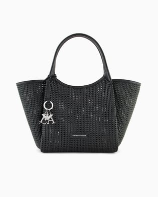 EMPORIO ARMANI Emporıo Armani Kadın Metalik Logo Aksesuarlı Örgü Desenli Çıkarılabilir İç Bölmeli Siyah Omuz Çantası EW001009 AF14309-UC001