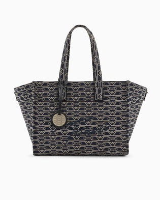 EMPORIO ARMANI Emporıo Armani Kadın Tamamı Monogram Logolu Ayarlanabilir ve Çıkarılabilir Omuz Askılı Orta Boy Jakarlı Kanvas Lacivert Omuz Çantası EW000370 AF12993-FB237