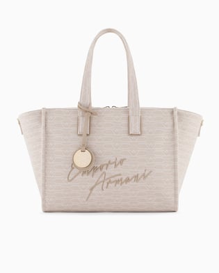 EMPORIO ARMANI Emporıo Armani Kadın Tamamı Monogram Logolu Ayarlanabilir ve Çıkarılabilir Omuz Askılı Orta Boy Jakarlı Kanvas Bej Omuz Çantası EW000370 AF12993-F1073