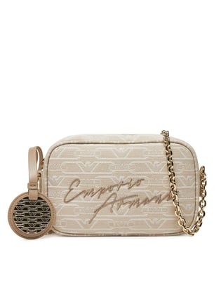 EMPORIO ARMANI Emporıo Armani Kadın Tüm Yüzeyi Monogram Logo Kaplı Jakarlı Ayarlanabilir Zincir Omuz Askılı Kanvas Bej Omuz Çantası EW001891 AF16095-F1073
