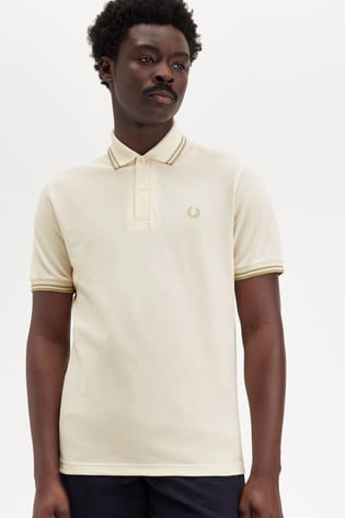 Fred Perry Fred Perry Erkek Çift Manşet ve Yaka Detaylı Kısa Kollu Geleneksel Üretim Ekru T-Shirt M12-Y82