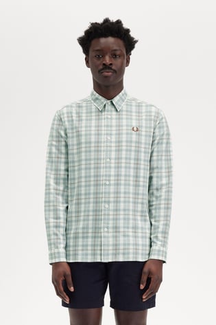 Fred Perry Fred Perry Erkek Regular Fit Ekose Desenli Logo işlemeli %100 Pamuklu Uzun Kollu Ekru Gömlek M9622-560