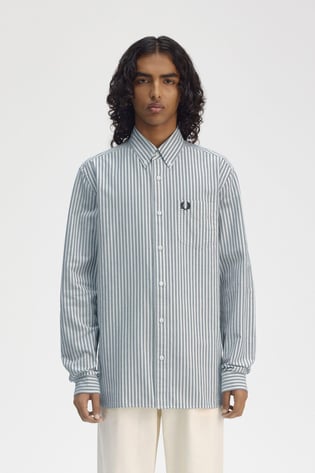 Fred Perry Fred Perry Erkek Regular Fit Çizgili Göğsünde İşleme Logo Detaylı Uzun Kollu Mavi Gömlek M6574-X86
