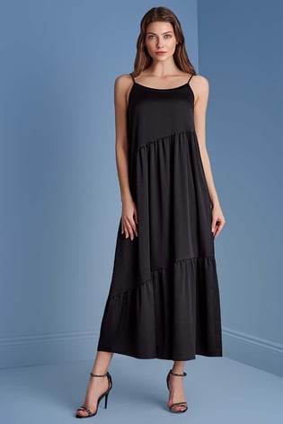 Guitar Guıtar Kadın İp Askılı Rahat Kumaş Bol Kalıp Midi Boy Siyah Elbise 25074-DRESS-10