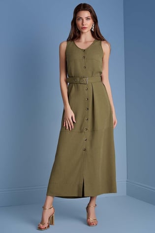 Guitar Guıtar Kadın Normal Kesim Yuvarlak Yaka Kemer Detaylı Düğmeli Kolsuz Haki Elbise 25076-DRESS-22