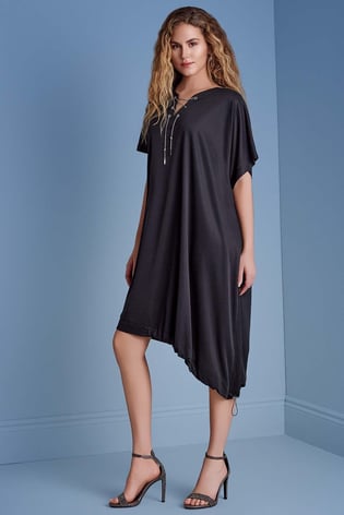 Guitar Guıtar Kadın Oversize Yakası İp Bağlamalı Kısa Kollu Beli Lastik Bağlamalı Kısa Siyah Elbise 25081-DRESS-010