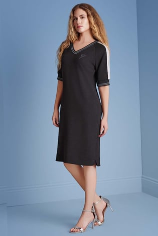 Guitar Guıtar Kadın V Yaka Kısa Kollu Kolu Çizgi Detaylı Siyah Elbise 25031-DRESS-10