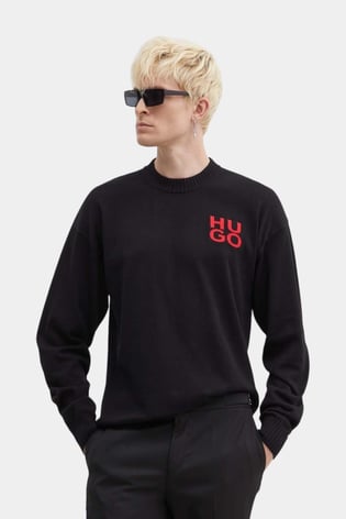 HUGO HUGO Erkek Bisiklet Yaka Regular Fit Marka Logolu Uzun Kollu Siyah Kazak 50516617-001