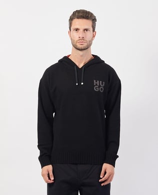 HUGO HUGO Erkek Regular Fit Marka Logolu Kapüşonlu Uzun Kollu Siyah Kazak 50527223-001