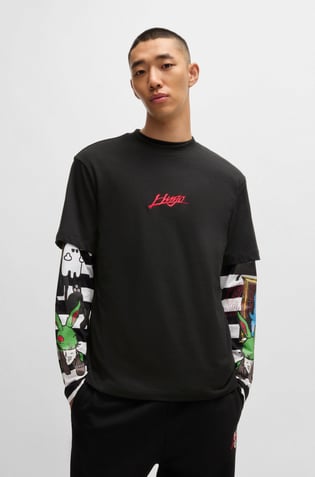 HUGO HUGO Erkek Yuvarlak Yaka Çift Logolu Kısa Kollu Siyah T-Shirt 50527926-001