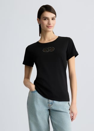 LIU JO Lıu Jo Kadın Regular Fit %100 Pamuklu Göğsü Logolu Yuvarlak Yaka Kısa Kollu Siyah T-Shirt TA5180JS923-M9308