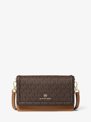 Michael Kors Michael Kors Kadın Metalik Kabartmalı Logo Desenli Kart Bölmeli Çıtçıt Kapamalı Fermuar Cepli %100 Deri Kahverengi Omuz Çantası 32S1GT9C2B-BRNACORN