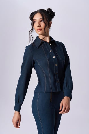 Naar Naar Kadın Denim Uzun Kollu Düğme Kapamalı Gömlek Yaka Lacivert Gömlek NAAR91301-LACİVERT
