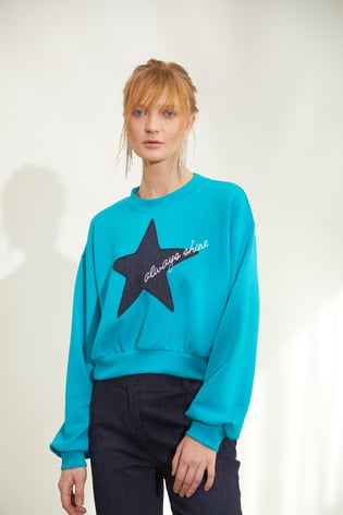 Naar Naar Kadın Regular Fit Pamuklu Bisiklet Yaka Uzun Kollu Turkuaz Sweatshirt NAAR81321-TURKUAZ