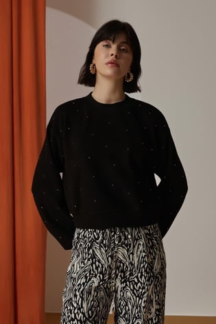 Naar Naar Kadın Uzun Kol Yuvarlak Yaka Rahat Kesim Küçük Taş Detay Siyah Sweatshirt NAAR12307-SİYAH