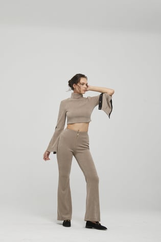 Naar Naar Kadın Yüksek Bel Slim Fit İspanyol Paça Bej Pantolon NAAR91237-BEJ