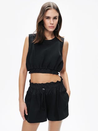Nocturne Nocturne Kadın Kolsuz Crop Boy Büzgülü Bel Dokuma Kumaş Bisiklet Yaka Siyah Crop N25YN15192-SİYAH