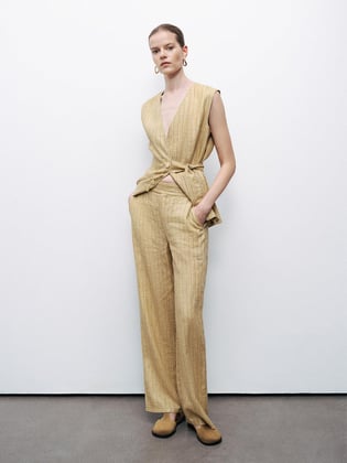 Nocturne Nocturne Kadın Rahat Kalıp Çizgi Desenli Bol Paça Sarı Pantolon N25YN3363-VARYANT