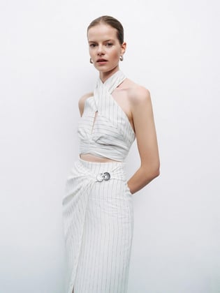 Nocturune Nocturune Kadın Boyundan Bağlamalı Beli Lastikli Crop Ekru Crop N25YN15195-VARYANT