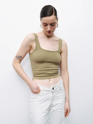 Nocturune Nocturune Kadın Dokuma Kumaş Dar Kesim Crop Haki Atlet N25YD15202-HAKİ