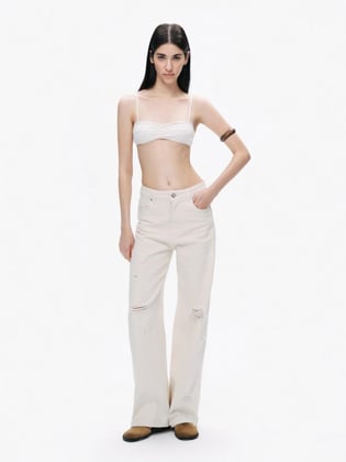 Nocturune Nocturune Kadın Regular Fit Normal Bel Yırtmaç Detaylı Geniş Paça Ekru Jeans N25YD18143-EKRU