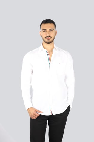 Paul Shark Paul Shark Erkek Normal Kalıp Bayrak Şeritli Göğsü Metalik Logolu Arkası Marka Yazı Baskılı Uzun Kollu Beyaz Gömlek 25413537-010
