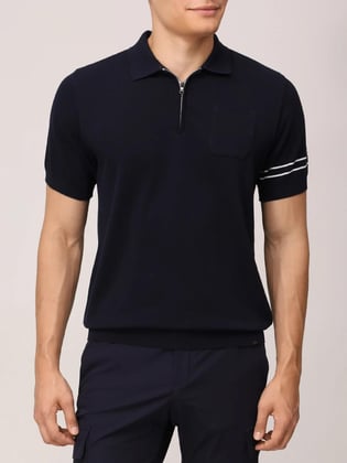 Paul Shark Paul Shark Erkek Regular Fit Yarım Fermuarlı Kolları Çizgi Desenli Kısa Kollu Lacivert-Beyaz Polo Yaka T-Shirt 25411645A-318