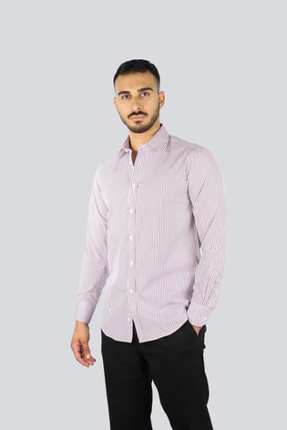 Paul Shark Paul Shark Erkek Slim Fit Çizgi Desenli Pamuklu Uzun Kollu Mavi-Kırmızı Gömlek 25413060CF-V91