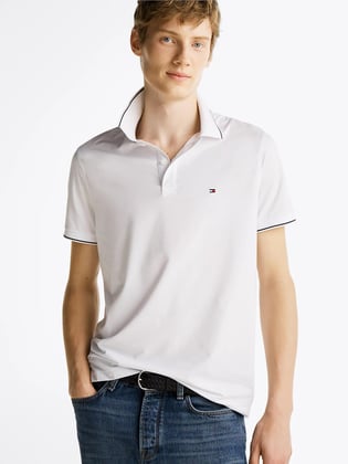 TOMMY HILFIGER Tommy Hilfiger Erkek Göğüste Tommy Hilfiger Bayrak İşlemesi Beyaz Polo Yaka T-Shirt MW0MW37310-YBR