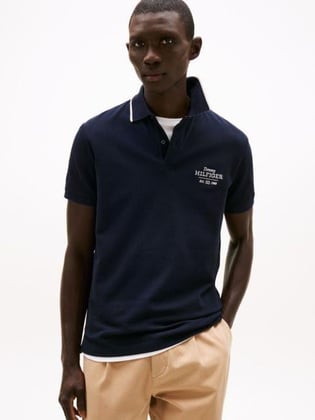 TOMMY HILFIGER Tommy Hilfiger Erkek Organik Pamuk Kumaş Şeritli Polo Yaka Kısa Kollu Lacivert Polo Yaka T-Shirt MW0MW37519-DW5