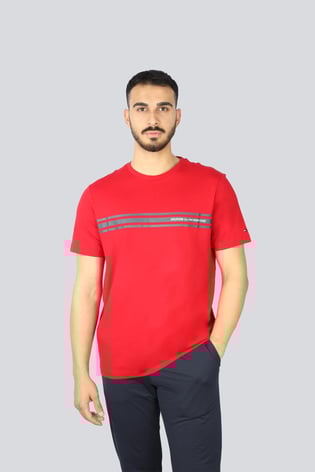 TOMMY HILFIGER Tommy Hilfiger Erkek Pamuklu Kısa Kollu Yuvarlak Yaka Önü Şerit Çizgili Kırmızı T-Shirt MW0MW37443-XLD