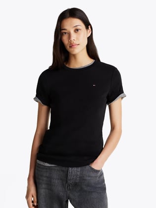 Tommy Hilfiger Tommy Hilfiger Kadın %100 Pamuklu Logo Detaylı Bisiklet Yaka Kısa Kollu Siyah T-Shirt WW0WW40587-BDS