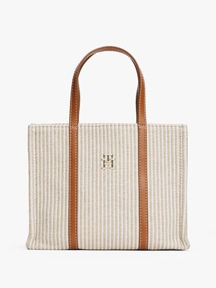 TOMMY HILFIGER Tommy Hilfiger Kadın Çizgili Pamuklu Kumaş Çıkarılabilir ve Ayarlanabilir Omuz Askılı Bej Omuz Çantası AW0AW17208-0F4