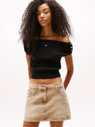 TOMMY HILFIGER Tommy Hilfiger Kadın Dokuma Kumaş Omzu Açık Beli Lastikli Çizgili Crop Siyah Bluz DW0DW20252-BDS