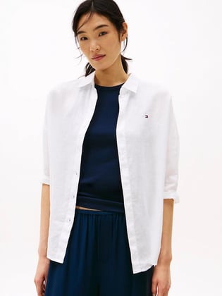 TOMMY HILFIGER Tommy Hilfiger Kadın Düğme Kapama Çizgili Uzun Kol Pamuklu Beyaz Gömlek WW0WW46169-YCF