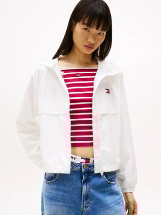 TOMMY HILFIGER Tommy Hilfiger Kadın Göğüste Tommy Rozeti İki Bel Cebi Kapşonlu Beyaz Ceket DW0DW20672-YBL