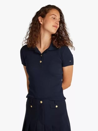 TOMMY HILFIGER Tommy Hilfiger Kadın Gold Düğme Kapama Polo Yaka Standart Boy Pamuklu Lacivert Polo Yaka T-Shirt WW0WW45436-C1G