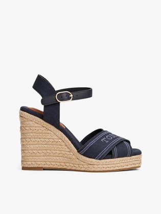 TOMMY HILFIGER Tommy Hilfiger Kadın Kalın Topuk Hasır Topuk Çift Bantlı Rahat Lacivert Dolgu Topuklu Ayakkabı FW0FW08668-DW6