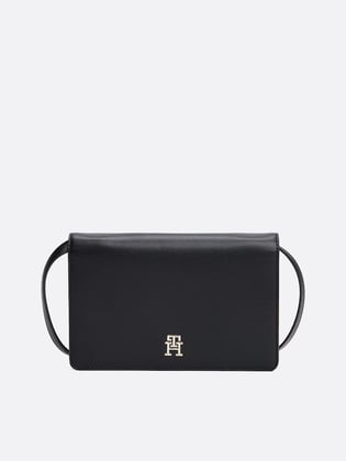 Tommy Hilfiger Tommy Hilfiger Kadın Metal Monogram Logolu Ayarlanabilir Çapraz Askılı Ekstra Kart Bölmeli Siyah Cüzdan AW0AW16923-BDS