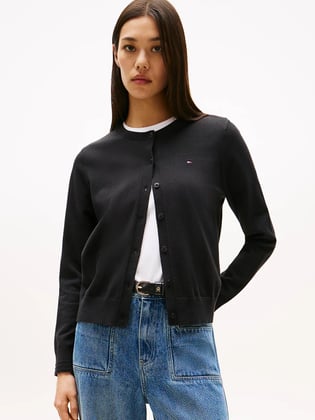 Tommy Hilfiger Tommy Hilfiger Kadın Normal Kalıp Yuvarlak Yakalı Pamuklu Uzun Kollu Örme Siyah Hırka WW0WW42370-BDS