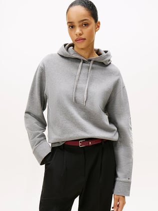 Tommy Hilfiger Tommy Hilfiger Kadın Normal Kalıp Kolu Logo İmzalı Kapüşonlu Pamuklu Uzun Kollu Gri Sweatshirt WW0WW46127-P61