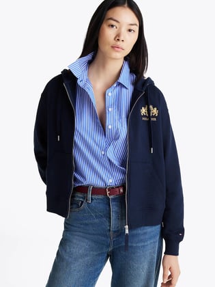 Tommy Hilfiger Tommy Hilfiger Kadın Pamuklu Logo Nakışlı Fermuarlı Kapüşonlu Lacivert Sweatshirt WW0WW43850-C1G