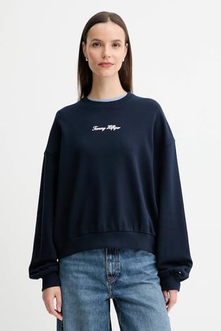 Tommy Hilfiger Tommy Hilfiger Kadın Pamuklu Rahat Kalıp Yuvarlak Yakalı Düşük Omuzlu Lacivert Sweatshirt WW0WW48269-C1G