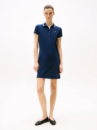TOMMY HILFIGER Tommy Hilfiger Kadın Polo Yaka Zincir Desen Kısa Kol Pamuklu Lacivert Elbise WW0WW45532-C1G