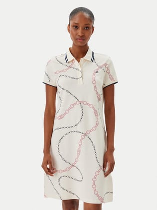 TOMMY HILFIGER Tommy Hilfiger Kadın Polo Yaka Zincir Desen Kısa Kol Pamuklu Bej Elbise WW0WW45532-01V