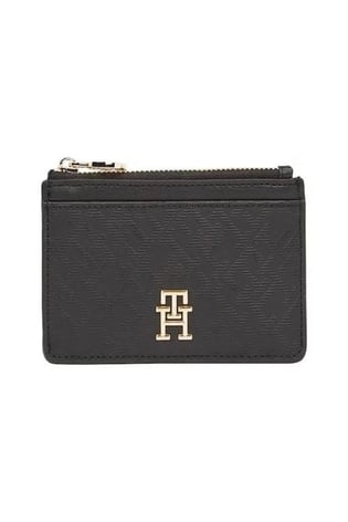 TOMMY HILFIGER Tommy Hilfiger Kadın TH Logo Desenli Kartlık Bölmeli Fermuarlı Siyah Cüzdan AW0AW17401-BDS