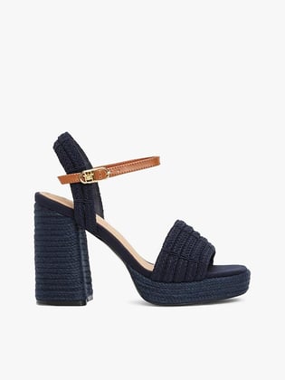 TOMMY HILFIGER Tommy Hilfiger Kadın Yüksek Kalın Hasır Topuk Bilek Bağlama Rahat Lacivert Sandalet FW0FW08425-DW6