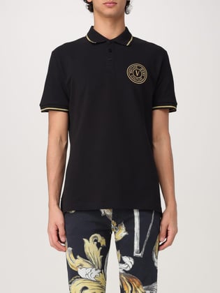 Versace Versace Erkek Polo Yaka Kol ve Yaka Ucu Şerit Detaylı Siyah-Altın Polo Yaka T-Shirt 78GAGT00CJ01T-G89