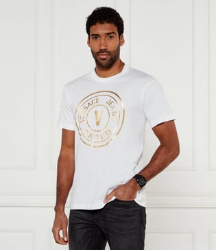 Versace Versace Erkek Regular Fit Logo Baskılı Kısa Kollu Beyaz-Altın T-Shirt 78GAHT01CJ00T-G03