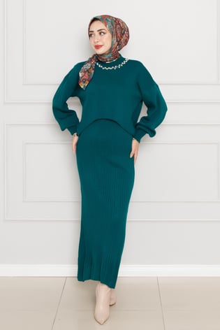 Pearl Detailed, Knit Dress-Petrol color